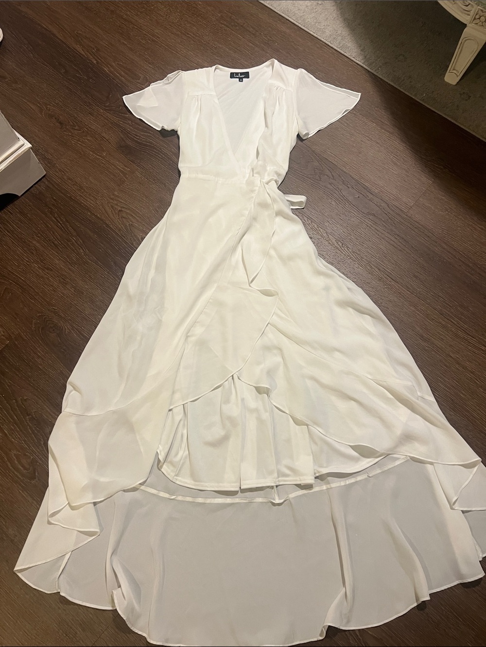 Lulu's Ivory Wrap High-Low Ruffle Maxi Dress